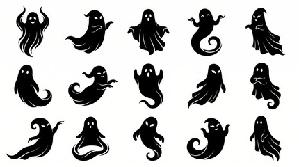 Obraz premium Black ghost characters in various poses isolated on white background