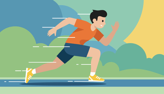Determined athletic runner sprinting fast on a blue track against a colorful abstract green park background.