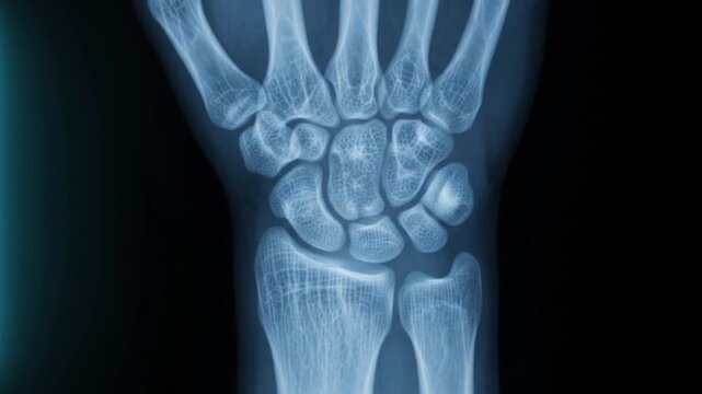 Close up X ray of a human wrist and hand bones medical diagnostic imaging skeletal anatomy detail