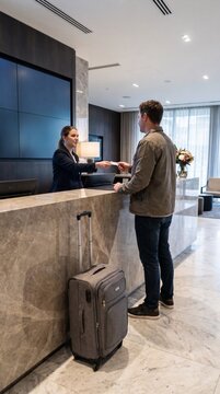 Hotel Receptionist Checking In A Guest At The Modern Front Desk