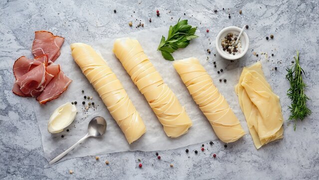 Rolled cheese and cured meat flat lay