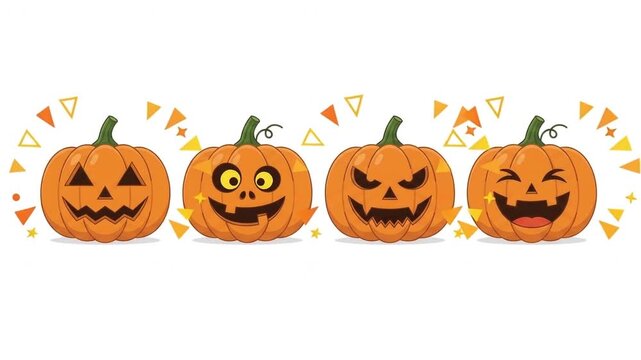 Set of animated cartoon Halloween pumpkins with glowing faces jumping on a white background