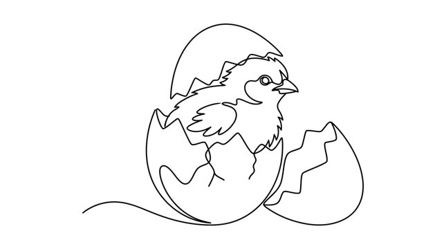 Baby chick hatching from an egg shell line art.