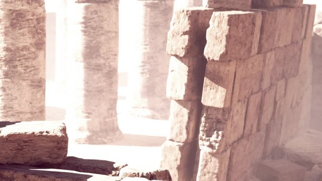 Amid the remnants of ancient structures, shafts of sunlight illuminate the weathered stones. Dust dances in the air, revealing the passage of time and stories untold in this historical setting.