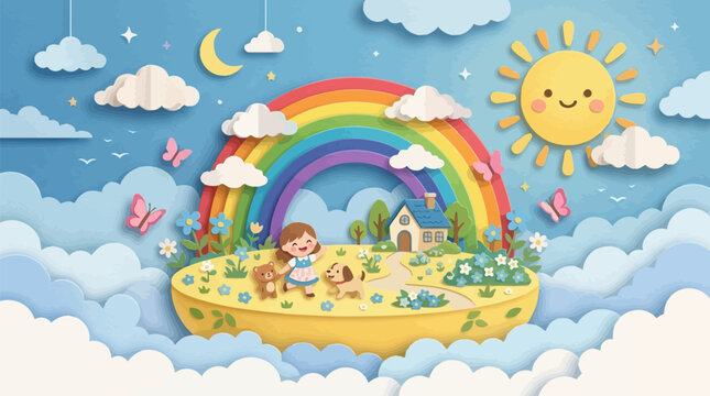 Child and pets standing on floating cloud with rainbow