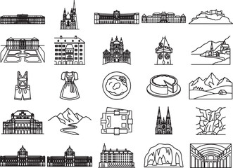 Fototapeta premium A collage of line-art icons depicting European landmarks, traditional attire, scenic mountain ranges, and local cuisine, showcasing a rich cultural tapestry.