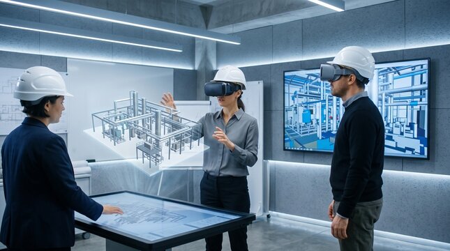 Team of modern architects using virtual reality headsets and interactive touch table for 3D model visualization, highlighting futuristic design technology, innovation, and digital engineering