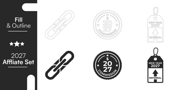 Affiliate marketing vector graphic set featuring chain link icons and circular commission currency symbols alongside vertical referral tags created in simple black and white line art.