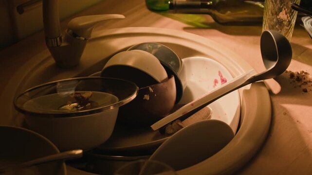 Dirty unwashed plates, bowls, and utensils piling up in messy kitchen sink near bottles. Suitable for projects highlighting alcoholism, depression, and domestic neglect