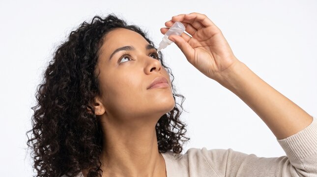 Mulher brasileira aplicando col&iacute;rio nos olhos para hidrata&ccedil;&atilde;o e cuidados com a vis&atilde;o.