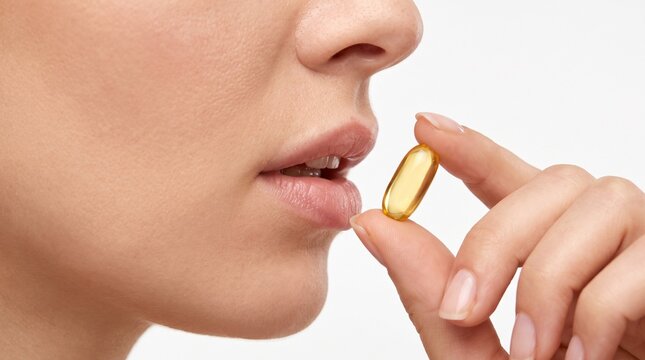 Mulher brasileira tomando c&aacute;psula de vitamina &ocirc;mega 3, suplemento alimentar para sa&uacute;de.