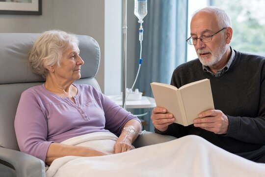Elderly cancer patient receiving chemotherapy with companion reading book. Cancer patient in treatment shares moment while receiving infusion therapy.