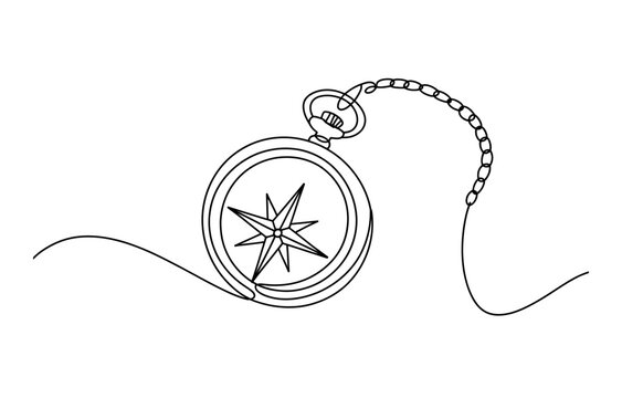 Continuous single line drawing of a vintage pocket compass with a chain