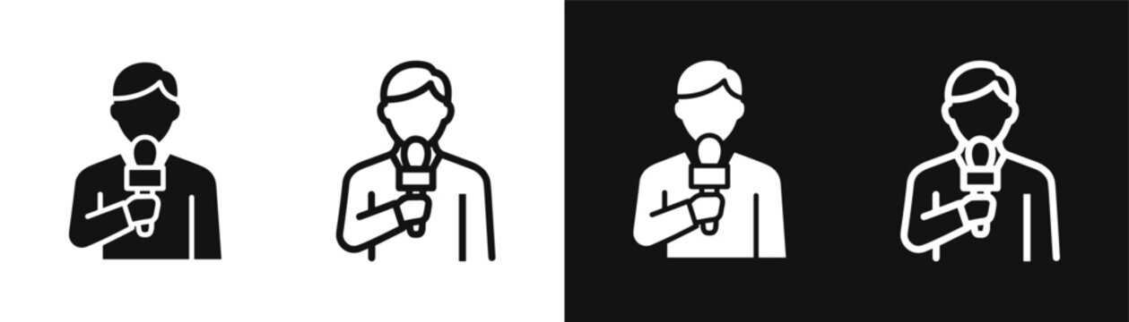 News reporter journalist with microphone interview icon set