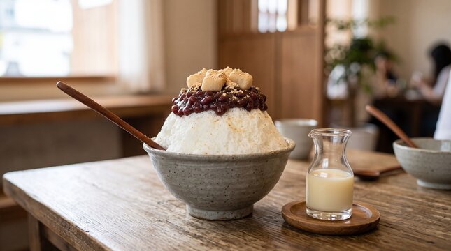 Traditional Korean red bean bingsu shaved ice dessert topped with injeolmi rice cake on rustic wooden table, depicting sweet summer treat, asian culinary culture, and cafe food styling
