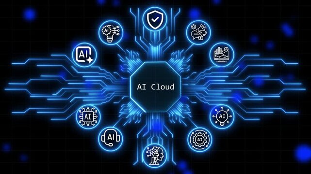 Ai cloud A glowing neon, and manufacturing process management all connected in a digital circuit like pattern. Business, Technology, Internet and network concept.