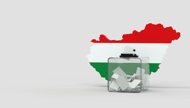 Hungarian parliamentary election concept with a ballot box and the map of Hungary with flag colors on a white background
