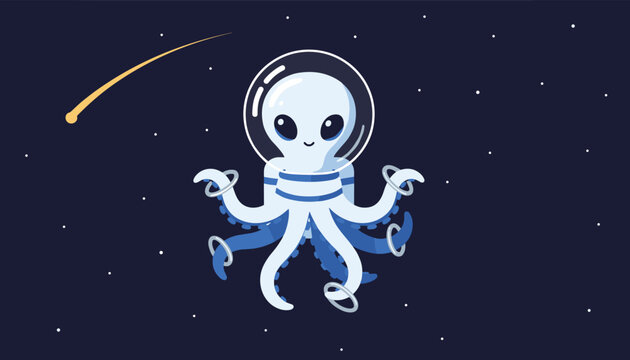 Cute light blue cartoon octopus alien wearing a space helmet with floating silver rings around its tentacles in a starry dark blue space background.
