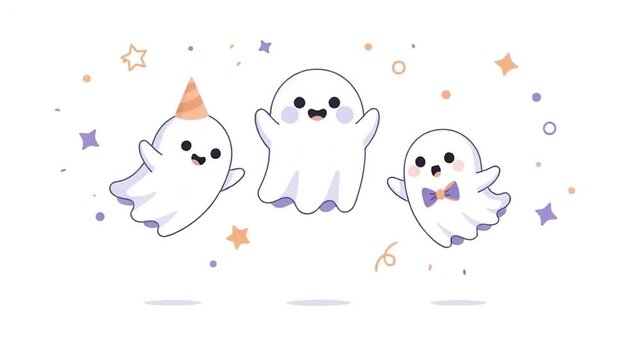 Cute cartoon ghosts celebrating and dancing with confetti on a white background, adorable Halloween vector animation