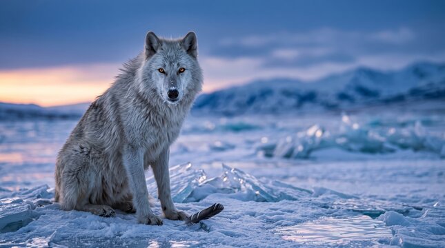 Arctic wolf sitting on ice and snow in winter landscape