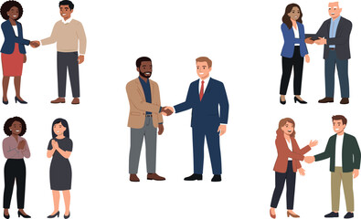 Obraz premium Diverse Business Professionals Set, Shaking Hands and Interacting. Teamwork Concept Illustration
