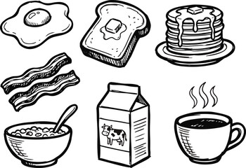 Obraz premium Hand drawn doodle set of various breakfast food items including pancakes bacon eggs toast milk and coffee