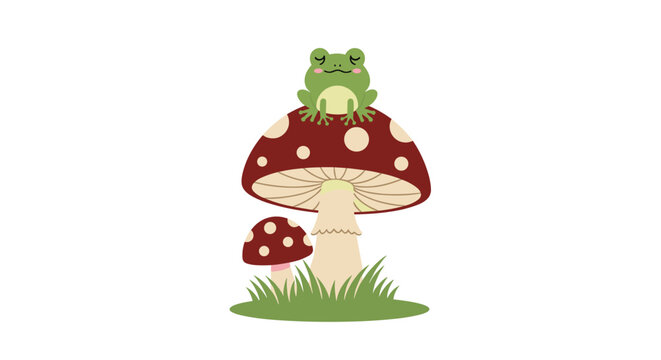 Cute green frog sitting on top of a red fly agaric mushroom with white spots surrounded by green grass.