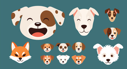Fototapeta premium Lovely collection of cute domestic dog face portraits with happy and friendly expressions on a blue background.