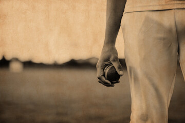 Fototapeta premium Cricket player holding a ball on a blurred field background