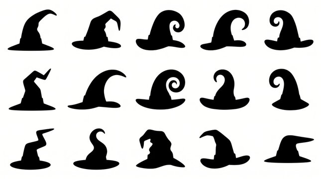 Various witch hats with different styles isolated on white background