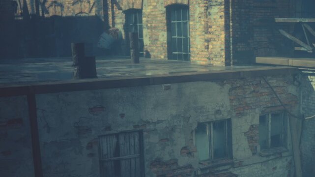 An aged rooftop with weathered bricks and wooden posts catches the soft light of early dawn. Shadows play across the surface, hinting at untold stories of the past in this forgotten space.