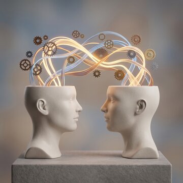 3D render of two white ceramic head busts facing each other connected by glowing light ribbons and gears, representing brain telepathy, artificial intelligence connection, and mental synergy