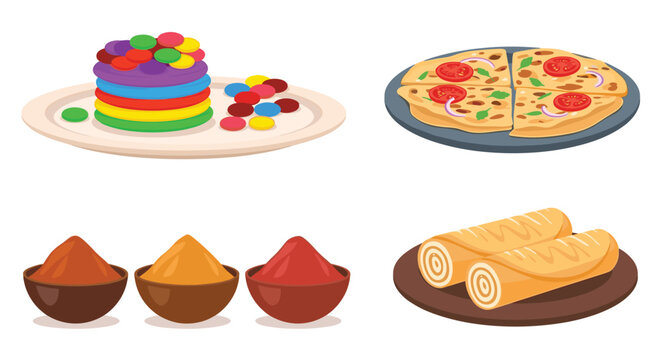 Colorful illustration of diverse Indian food items including colorful layers, flatbread, various spices in bowls, and delicious rolls.