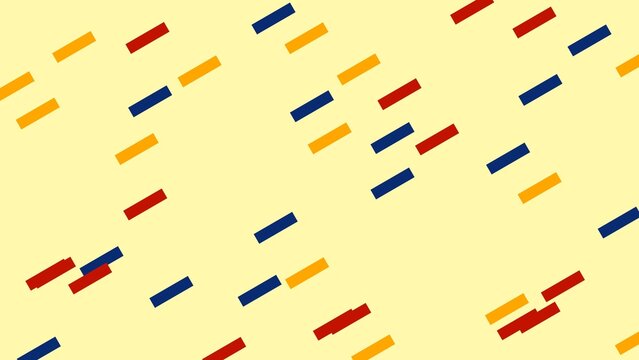 Abstract scattered bar pattern with short horizontal rectangles in red, blue, and orange diagonally arranged on pale yellow background