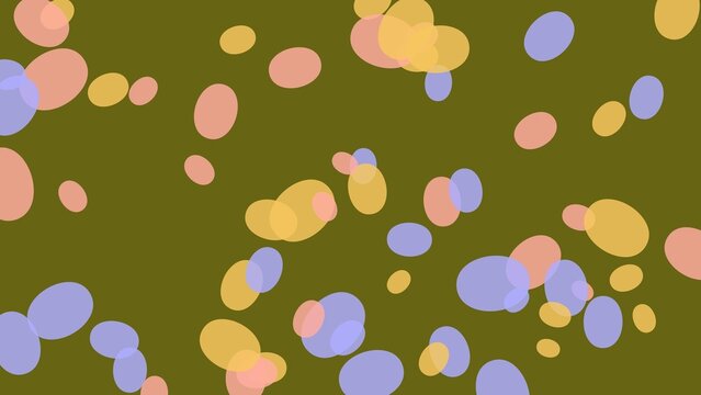 Abstract scattered oval pattern with overlapping translucent shapes in yellow, pink, and lavender on olive‑green background