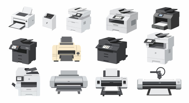 Various modern office printers and multifunction copiers isolated on a white background.