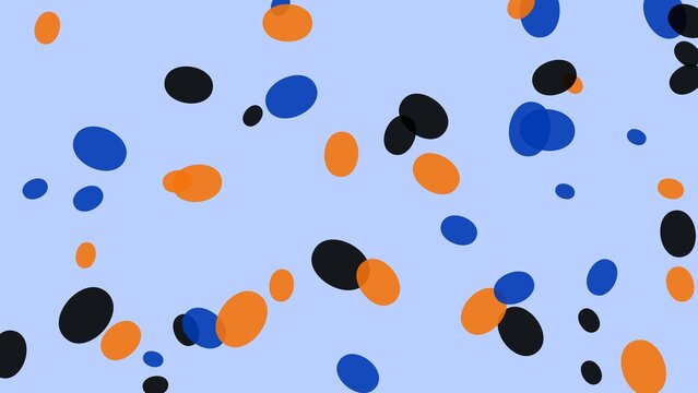 Abstract scattered oval pattern with overlapping transparent shapes in black, orange, and blue on light blue background