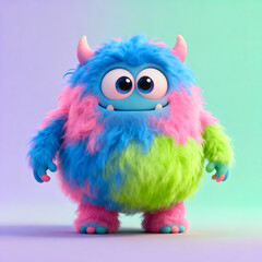 Naklejka premium A cute, fluffy, multicolored 3D monster smiles happily against a pastel background.