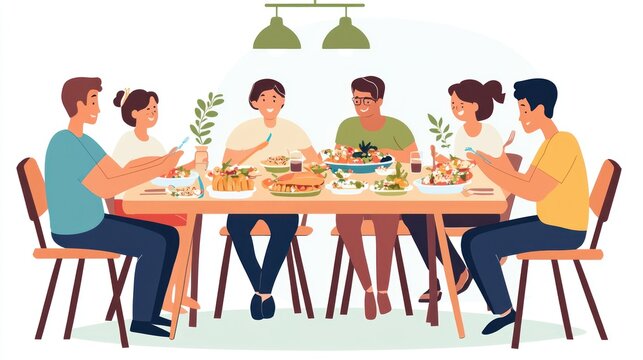 Family gathered around the table, eating and sharing a meal together.