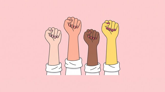 Four fists raised in solidarity with painted nails