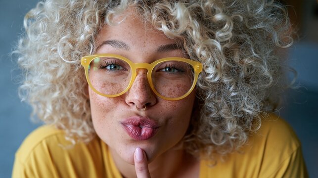 jeune femme aux cheveux boucl&eacute;s fait une moue avec des lunettes jaunes