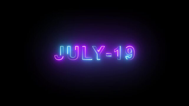 July 19 Neon Text Sign Glowing With Purple And Blue Light On A Dark Background