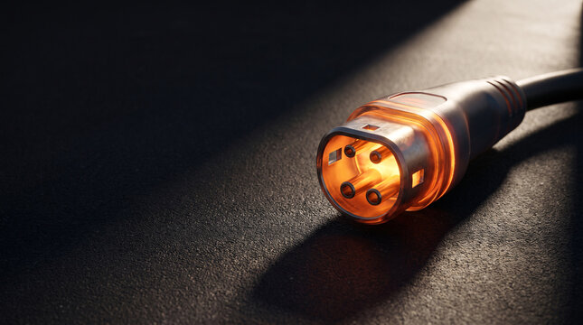 Electric vehicle charging cable plug glowing 
warmly like tiny sunrise in orange and gold 
against dark surface with copy space