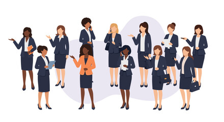 Obraz premium Diverse group of professional businesswomen in smart suits standing together on a light purple background.