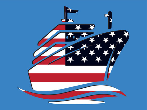Cruise ship silhouette with American flag pattern maritime travel, 