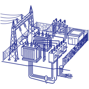 Isometric vector illustration of an electrical substation with power transformers and high voltage transmission tower