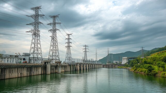 Hydropower dam with electrical towers in the background