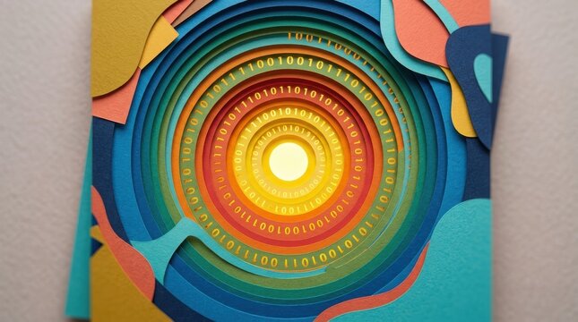 Layered paper art with binary code in concentric circles radiating towards a bright center