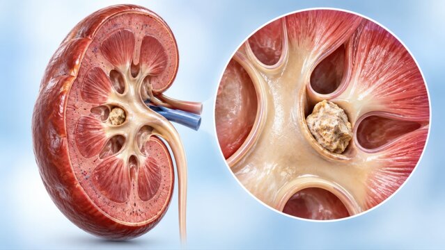 Kidney stones shown as kidney overview with enlarged stone in renal calyx detail in premium clinical CGI, isolated on clean pale blue background for clear medical education.