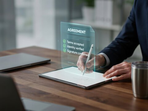 A Professional Business Person Signing A Digital Agreement On A Sleek Tablet